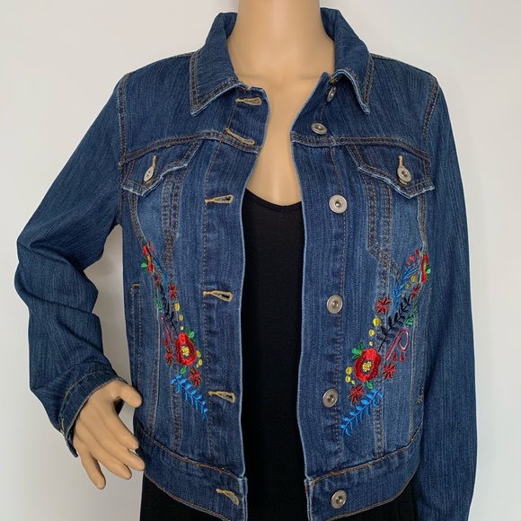 BAGATELLE Womens Blue Embroidered Pocketed Cuffed Sleeve Collared Denim Jacket main image 1